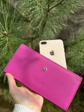 SANLINE Hakiki Deri Telefon Bölmeli Kadın Cüzdan - El Portföyü Fuşya - 5