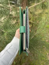 SANLINE Hakiki Deri Telefon Bölmeli Kadın Cüzdan - El Portföyü Yeşil - 4