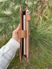 SANLINE Hakiki Deri Telefon Bölmeli Kadın Cüzdan - El Portföyü Taba - 5