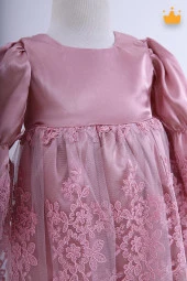 Babyhola Kız Bebek Bayramlık Uzun Kollu Mevlüt Kıyafeti Yenidoğan Dantelli Saten Abiye Elbise thumbnail 3