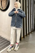 Omuz Taş Detay Koyu Mavi Kot Ceket Oversize - 3