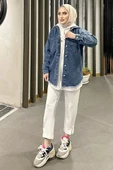Koyu Mavi Kar Yıkama Püskül Detay Kot Ceket Oversize - 1