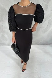 Kolları Dantelli İnci Detaylı Elbise - Siyah-Beyaz thumbnail 3