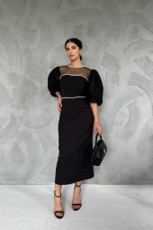 Kolları Dantelli İnci Detaylı Elbise - Siyah-Beyaz thumbnail 1