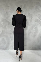 Kolları Dantelli İnci Detaylı Elbise - Siyah-Beyaz thumbnail 4