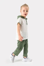 Erkek Bebek Şapkalı Yazlık Müslin Kumaş Müslin Alt Üst Bebek Takımı - 5