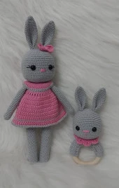 Gri Şeker Tavşan ve Çıngırak Amigurumi Organik Oyuncak - 1