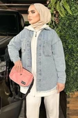 Açık Buz Mavi Kar Yıkama Püskül Detay Kot Ceket Oversize - 1