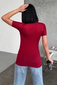 Rahat Ve Şık Kısa Kollu Bisiklet Yaka Likralı Viskon Penye Body Bordo - 4