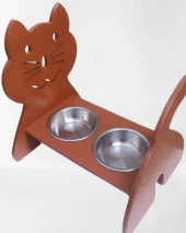 Hobi ERC 90373 MODEL Kedi Mama Ve Su Kabı Seti MDF Ceviz Renk Paslanmaz Tabak - 1