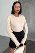 Rahat Ve Şık Uzun Kollu Bisiklet Yaka Likralı Viskon Penye Body Bej - 2