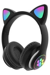 Siyah Kedi Kulağı Bluetooth 5.0 kablosuz Çocuk Kulaklığı Işıklı Vilya Kulak Detaylı thumbnail 1