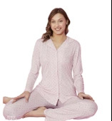 Tarık Kadın Pembe Viskon Uzun Kollu Düğmeli Güpürlü Pijama Takımı 6100-9 - 5