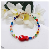 Bijustore Murano Cam Karışık Renk Çiçek & Kırmızı Balık Boncuk Kadın Bileklik - 1