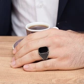 Siyah Oniks Taşlı Kare Gümüş Erkek Yüzük - 6