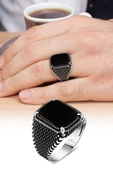 Siyah Oniks Taşlı Kare Gümüş Erkek Yüzük - 4
