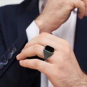 Siyah Oniks Taşlı Kare Gümüş Erkek Yüzük - 3
