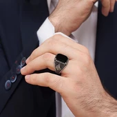 Tuğra Desenli Kare Oniks Taşlı 925 Gümüş Erkek Yüzük - 9