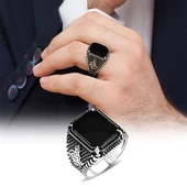 Tuğra Desenli Kare Oniks Taşlı 925 Gümüş Erkek Yüzük - 4