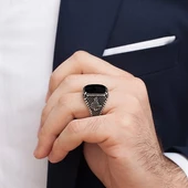 Tuğra Desenli Kare Oniks Taşlı 925 Gümüş Erkek Yüzük - 3