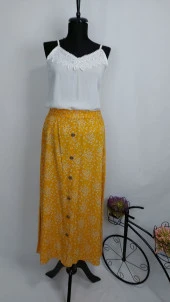 1104 Çiçek Desenli Düğmeli Etek - 1