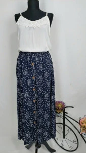 1104 Çiçek Desenli Düğmeli Etek - 3