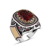 Kırmızı Taşlı Gümüş Erkek Yüzük - 11