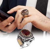 Kırmızı Taşlı Gümüş Erkek Yüzük - 1