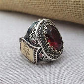 Kırmızı Taşlı Gümüş Erkek Yüzük - 9