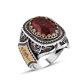 Kırmızı Taşlı Gümüş Erkek Yüzük - 8