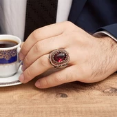 Kırmızı Taşlı Gümüş Erkek Yüzük - 4