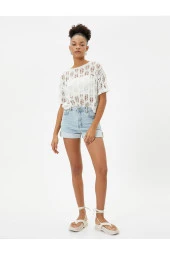 Ajurlu Crop Tişört Kısa Kollu Yuvarlak Yaka thumbnail 2