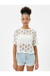 Ajurlu Crop Tişört Kısa Kollu Yuvarlak Yaka thumbnail 3