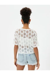 Ajurlu Crop Tişört Kısa Kollu Yuvarlak Yaka thumbnail 4