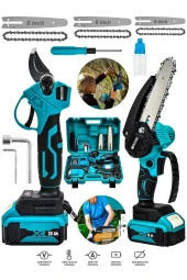 Moonshop 2 Li Set 128 Vf 10 Ah Çift Akülü Bakır Sargı Çelik Şanzuman Şarjlı Dal Ağaç Kesme Bağ Budama Makası - 1