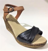 Emani 785 Kadın Siyah Bej Özel Üretim Dolgu Topuklu Deri Topuklu Sandalet - 1