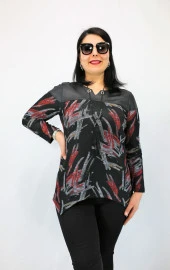 2840 Omuz Deri Detaylı Desenli Aksesuarlı Bluz - 1