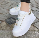 Kadın Kalın Taban Beyaz Ultra Rahat Taşlı Taş Detaylı Kadın Sneaker - 1