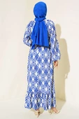 Kuşaklı Desenli Elbise Saks - 3