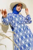 Kuşaklı Desenli Elbise Saks - 1