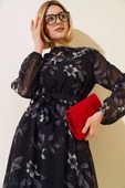 Şifon Çiçek Desenli Elbise Siyah - 2
