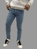 Erkek Dar Paça Desturalı New Buz Mavi Kot Pantolon - 5