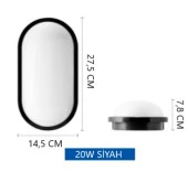 Horoz Aydos 20W Oval Siyah Led Nem Su Geçirmez Banyo Bahçe Modern Tavan Lambası Beyaz Işık - 7