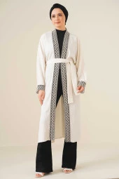 Kadın Nakışlı Örme Uzun Kimono Ekru - 1