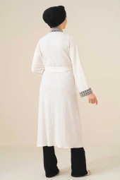 Kadın Nakışlı Örme Uzun Kimono Ekru - 5