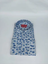 2443 Mavi Çiçek Desenli Slim Fit Gömlek - 2