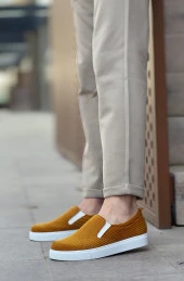 BA0339 Bağcıksız Kadife Hardal Beyaz Taban Günlük Erkek Ayakkabı thumbnail 1