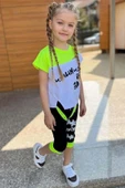 Kız Çocuk Yazı Baskılı Neon Sarı Kapri Şortlu Takım thumbnail 1