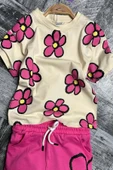 Kız Çocuk Çiçek Baskılı Pembe Şortlu Takım thumbnail 4