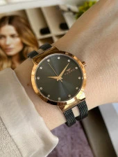 FERRO Siyah Hasır Kordonlu Renk Atmaz 30 Metre Suya Dayanıklı Özel Tasarım Kadın KolSaati 2996-R thumbnail 2